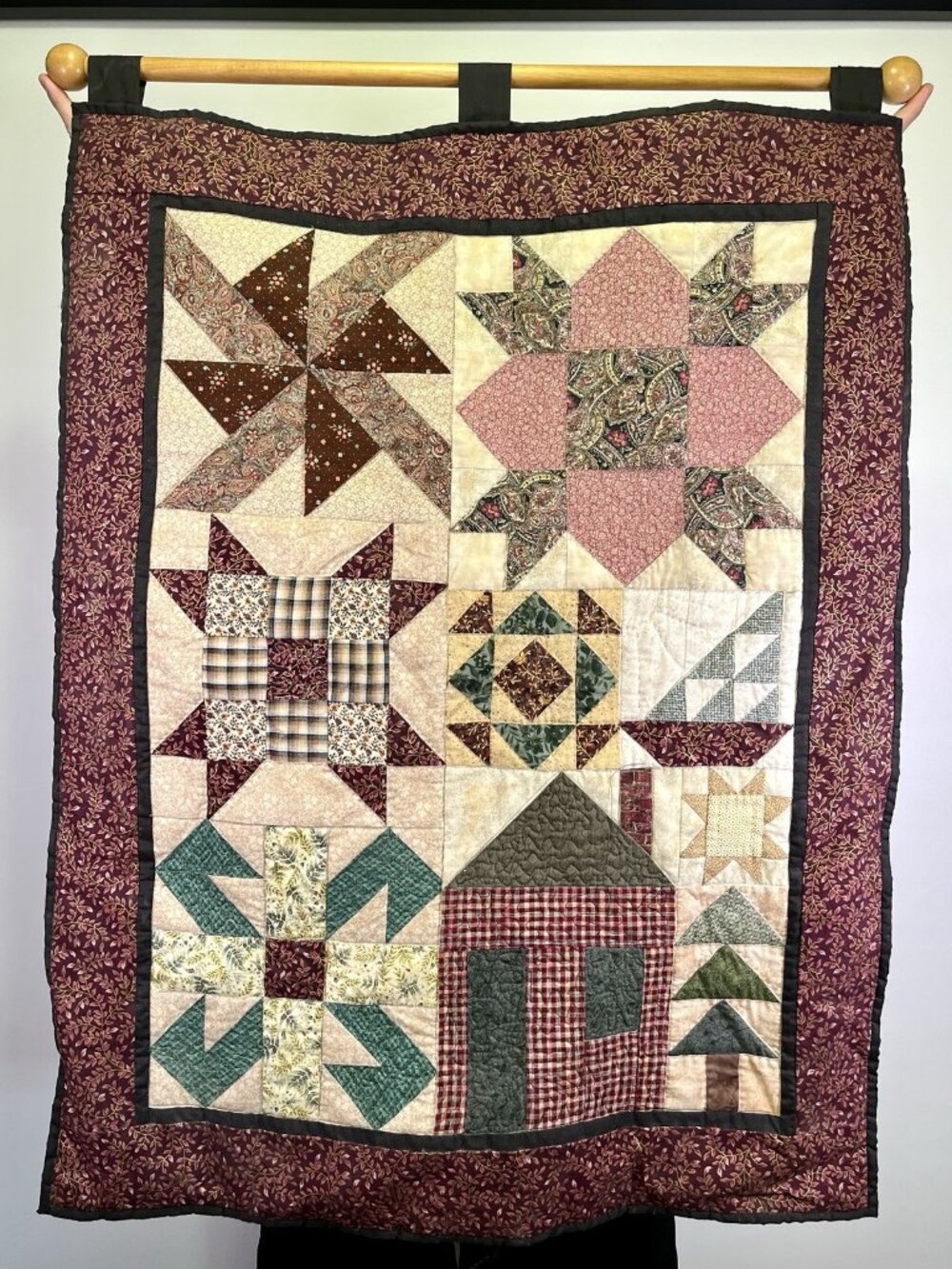 Handmade Patchwork Sampler Quilt Wall Hanging Country Folk Art Cottage Star